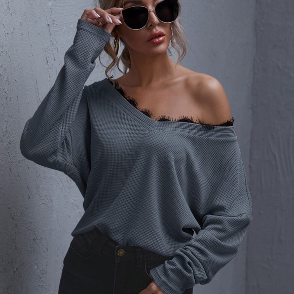 Black eyelash lace detail off shoulder waffle top - Picture 3 of 14